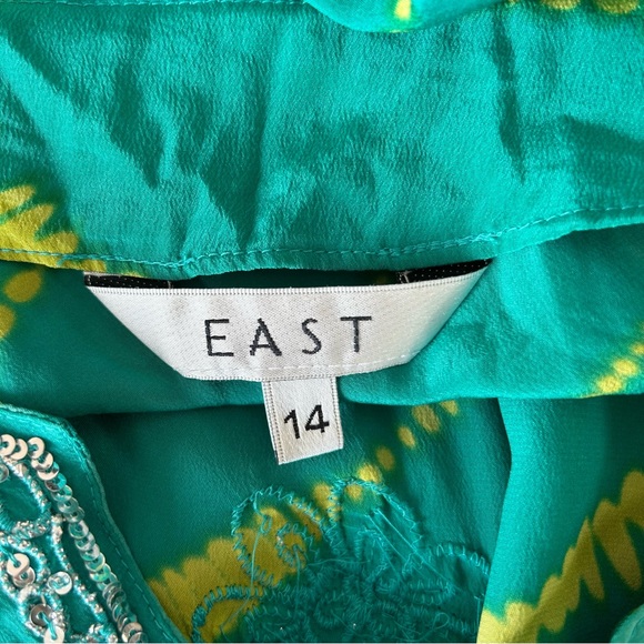 East 100% Silk Maxi Dress Size 14 Teal Green Sequin Trims Beach Boho - Picture 9 of 10